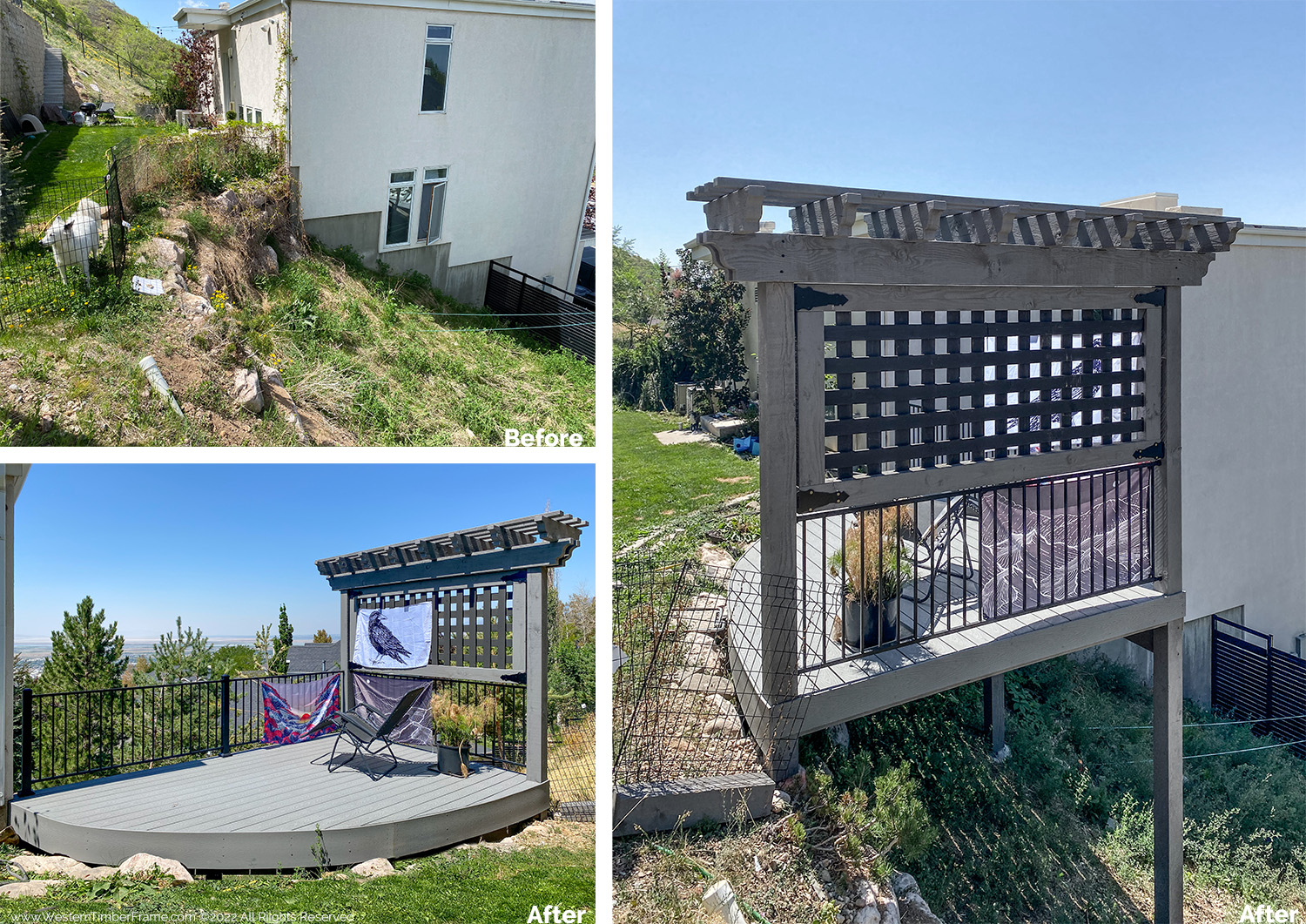 HarrisBraxton-trellis-deck-hill-privacy-panel before and after reclaiming sloped yard